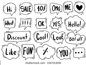 hand drawn background Set of cute speech bubble eith text in doodle style