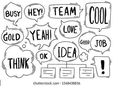 hand drawn background Set of cute speech bubble eith text in doodle style