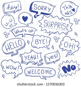 hand drawn background Set of cute speech bubble eith text in doodle style 