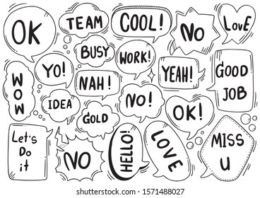 hand drawn background Set of cute speech bubble eith text in doodle style 