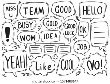 hand drawn background Set of cute speech bubble eith text in doodle style 