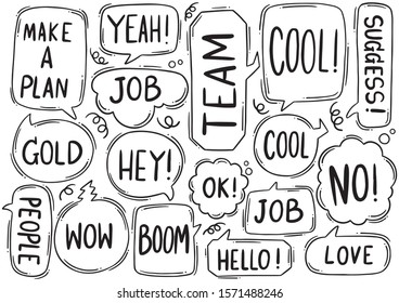 hand drawn background Set of cute speech bubble eith text in doodle style 