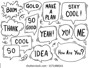 hand drawn background Set of cute speech bubble eith text in doodle style 