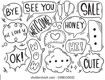 hand drawn background Set of cute speech bubble eith text in doodle style 