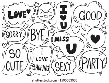 hand drawn background Set of cute speech bubble eith text in doodle style 