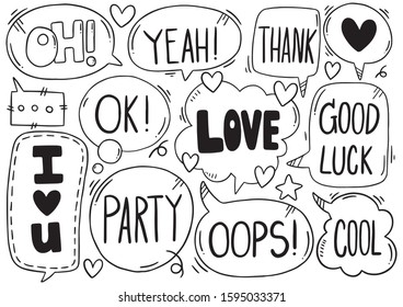 hand drawn background Set of cute speech bubble eith text in doodle style 