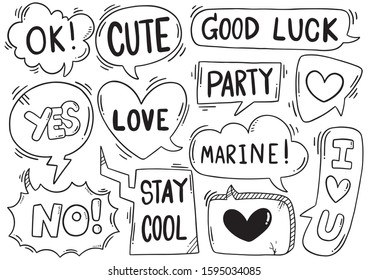 hand drawn background Set of cute speech bubble eith text in doodle style 