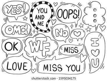 hand drawn background Set of cute speech bubble eith text in doodle style 