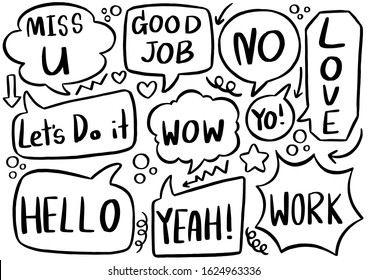 hand drawn background Set of cute speech bubble eith text in doodle style 