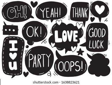 hand drawn background Set of cute speech bubble eith text in doodle style 