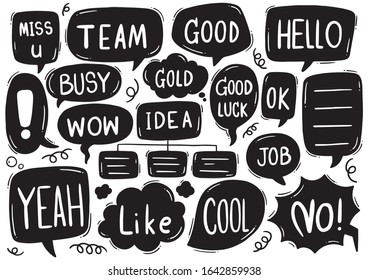 hand drawn background Set of cute speech bubble eith text in doodle style 