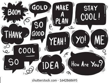 hand drawn background Set of cute speech bubble eith text in doodle style 