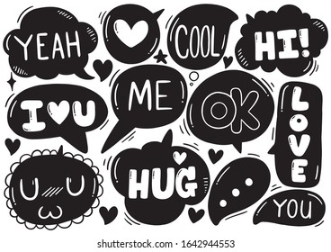 hand drawn background Set of cute speech bubble eith text in doodle style 