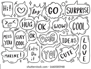 hand drawn background Set of cute speech bubble eith text in doodle style on white background isolated abstract