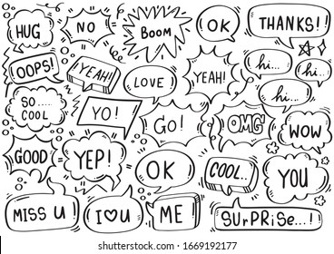 hand drawn background Set of cute speech bubble eith text in doodle style on white background isolated abstract