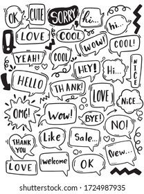 hand drawn background Set of cute speech bubble eith text in doodle style on white background isolated abstract