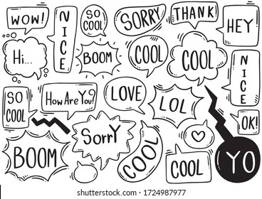 hand drawn background Set of cute speech bubble eith text in doodle style on white background isolated abstract