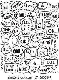 hand drawn background Set of cute speech bubble eith text in doodle style on white background isolated abstract
