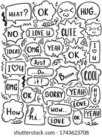 fondo dibujado a mano Conjunto de burbuja de voz linda con texto en estilo doodle sobre fondo blanco abstracto aislado