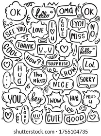 fondo dibujado a mano Conjunto de burbuja de voz lindo texto en estilo doodle sobre fondo blanco aislado abstracto