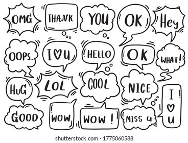 hand drawn background Set of cute speech bubble eith text in doodle style on white background isolated abstract