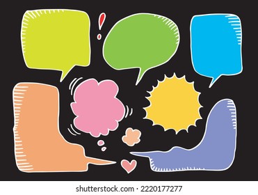 hand drawn background Set of cute speech bubble on black background.