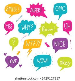 Hand drawn background Set of cute speech bubble with text in doodle style