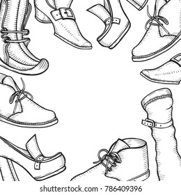 Hand drawn Background for the shoe store and signage, free space for text. Vector sketch in the old style of engraving. White and black. Sketch etch ink line.