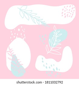 Hand drawn background of simpl shapes and leaves. Blue, pink, white colors. Concept foe design of social networks, for posters, postcards. Modern trendy vector illustration.