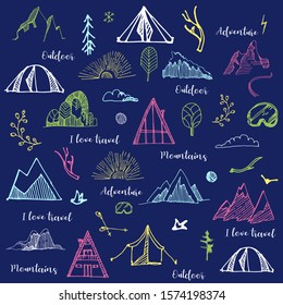 Hand drawn background of sketch mountains,tents,trees,clouds.Vector illustration of different travel elements, isolated on the blue background .Engraving style.