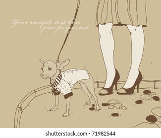  hand drawn background  with a  small dog walking  with his owner