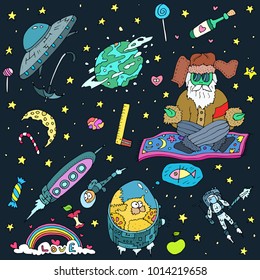 Hand drawn background with space and planets doodles, aliens and cosmonauts icons, funny symbols over dark background