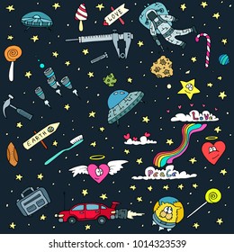 Hand drawn background with space and planets doodles, aliens and cosmonauts icons, funny symbols over dark background