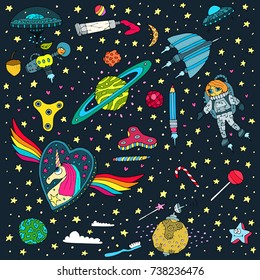 Hand drawn background with spinner fidget toys, planets, stars, girl, candies, lollipops, hears, unicorn in heaven, sky, space, art with handmade design elements repeated over dark background