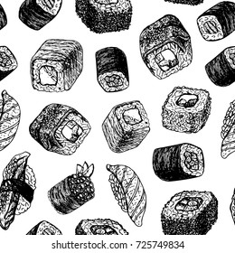 Hand drawn background with sushi and rolls. Vector seamless pattern. Vintage style. Linear graphic design. Black and white Japanese rolls. Vector illustration.