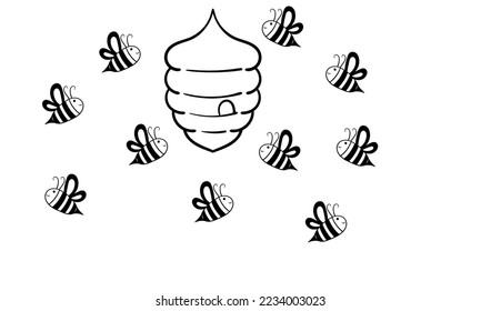 hand drawn background of swarm of bees and honeycomb on white background