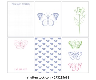 Hand drawn background for tags, labels, journaling cards, scrapbooking. Butterflies design elements.