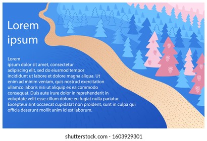 Hand drawn background for text with coniferous forest, blue gradient river.  Fir-trees with cones, textured sand, water. Pink colors. Cute landscape. Copy space. Lorem ipsum template