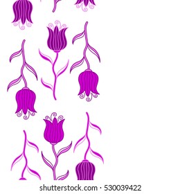 Hand drawn background with tulip flowers. Vertical abstract purple, magenta and pink tulips sketch. Vintage tulip pattern. Flower card with tulip.