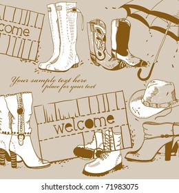 hand drawn background with variety of trendy footwear