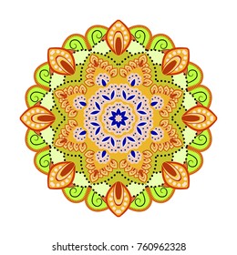 Hand drawn background. Vintage decorative elements. Flower Mandala. Outline flower decorative illustration in warm yellow tones