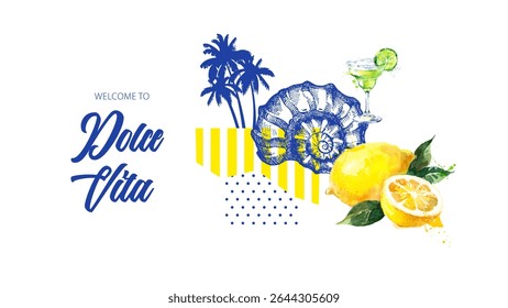 Hand drawn background with watercolor tropical cocktail, lemon, sketch seashell, palms. Dolce vita summer vibe. Collage mixed style vector illustration