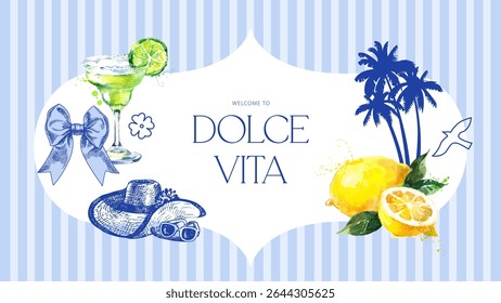 Fundo desenhado à mão com coquetel tropical aquarela, limão, chapéu de sol de esboço, óculos de sol, palmas. A vibração de verão Dolce Vita. Colagem de estilo misto de ilustração vetorial