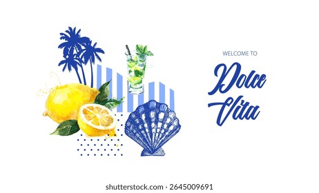 Fundo desenhado à mão com coquetel tropical aquarela, limão, concha de esboço, palmas. A vibração de verão Dolce Vita. Colagem de estilo misto de ilustração vetorial