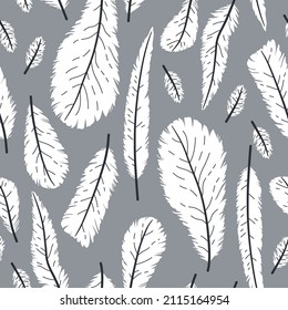 Hand drawn background white bird feathers, in flat style seamless pattern