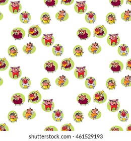 Hand drawn backgrounds with cut boar. Cover with Cartoon boars with black outline on isolated background