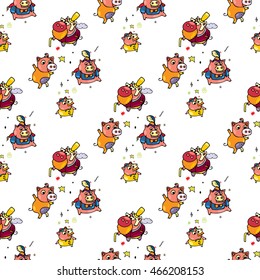Hand drawn backgrounds with cut boar. Pattern with little pigs painted different colors