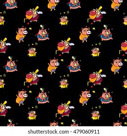 Hand drawn backgrounds with cut boar. Pattern with little pigs painted different colors