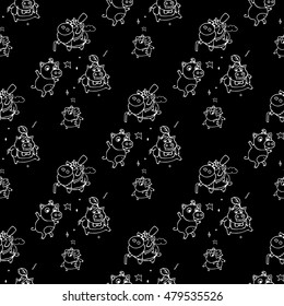 Hand drawn backgrounds with cut boar. Pattern with little pigs painted black and white colors