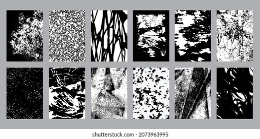 Hand drawn backgrounds. Graphic elements: cracks, spray effects, spots, scratches. Abstract grunge textures collection. Sketch monochrome vector set. 